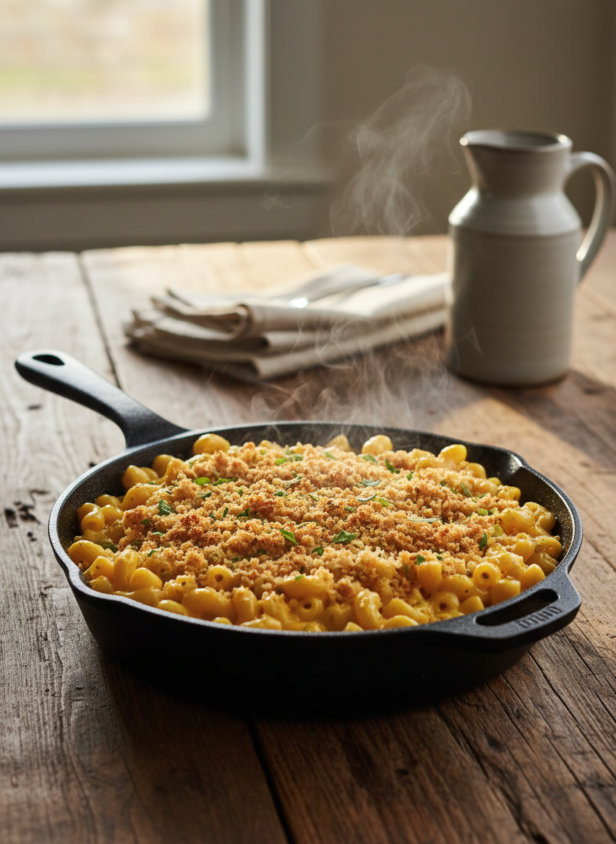 A steaming cast-iron skillet filled with creamy macaroni and cheese, each elbow noodle cloaked in a velvety golden cheddar sauce, topped with a crisp breadcrumb and herb crust. The skillet rests on a rustic, dark wood farmhouse table near a window. Soft late-afternoon natural light washes in from the side, catching the glossy sauce and the crunchy topping, casting gentle shadows on the table’s worn grain. In the softly blurred background, folded linen napkins and a simple stoneware water pitcher add quiet refinement. Photographed at a slightly elevated, three-quarter angle with shallow depth of field, the composition feels intimate yet polished, embodying sophisticated, photographic realism ideal for a comfort food blog header.